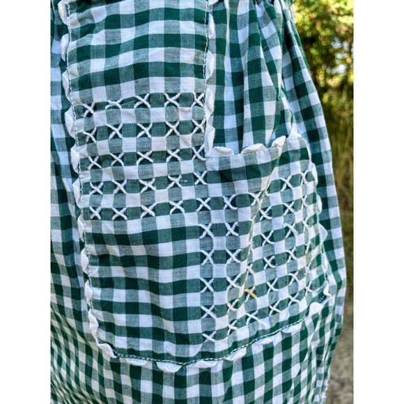 Vintage Half Apron Green Gingham Checked Smocked Apron Farmhouse - Picture 5 of 9